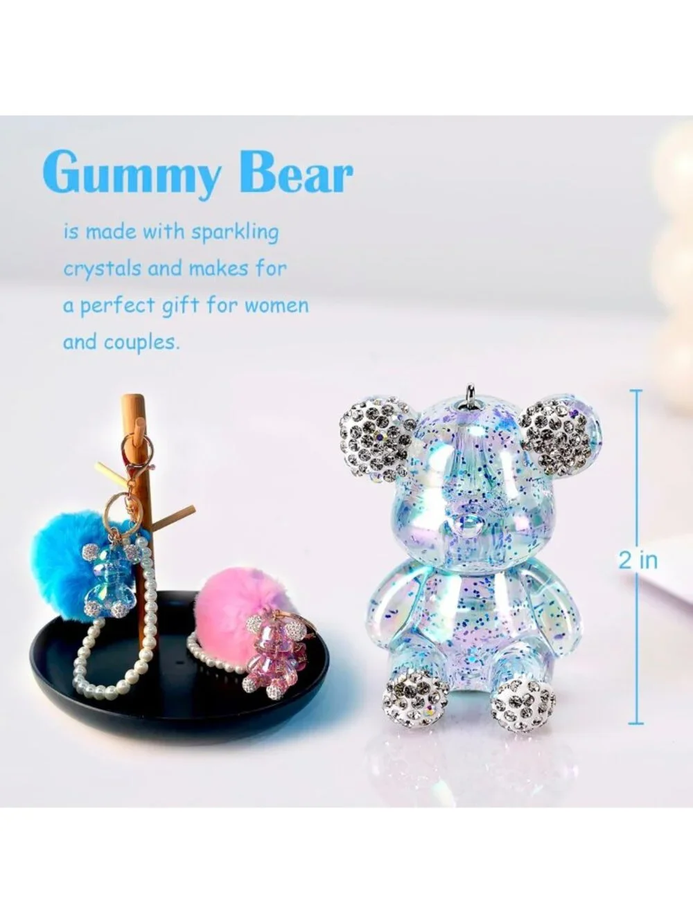 Kawaii Cute Bear Keychain - Bling Gummy Teddy Pom Pom Wristlet for Women